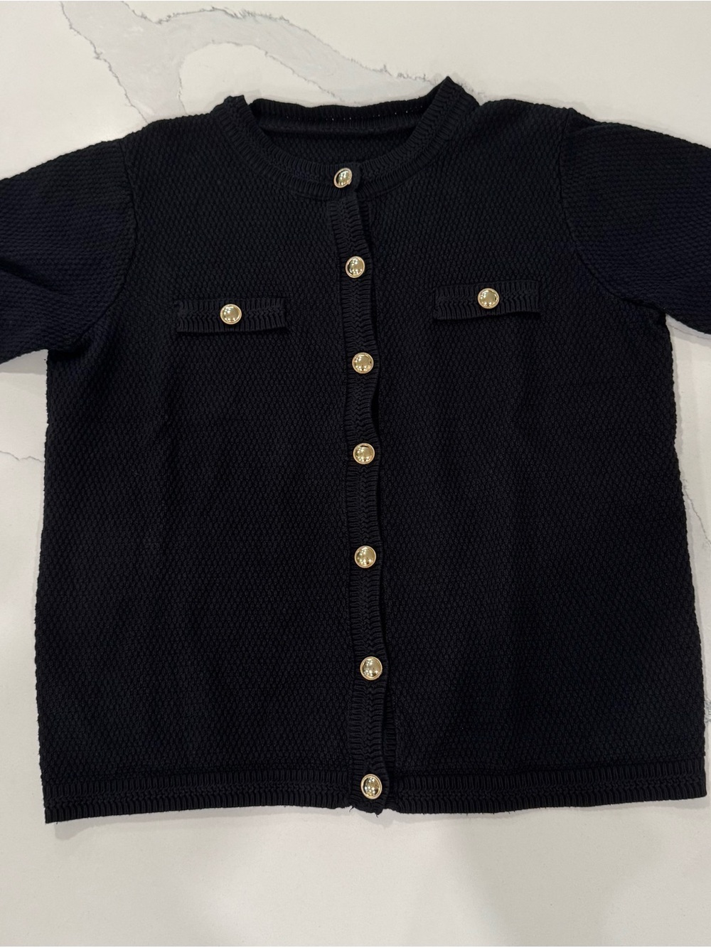 Vintage Classic Black Knit Short Sleeve Cardigan for with Gold Buttons